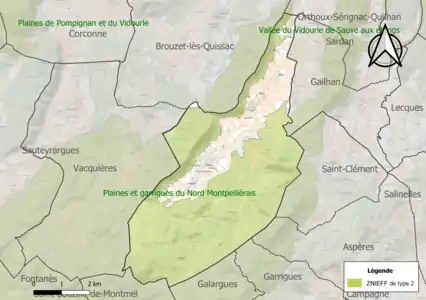 Carte de la ZNIEFF de type 2 sur la commune.