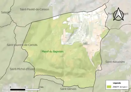 Carte de la ZNIEFF de type 2 sur la commune.