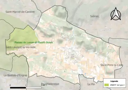 Carte de la ZNIEFF de type 2 sur la commune.