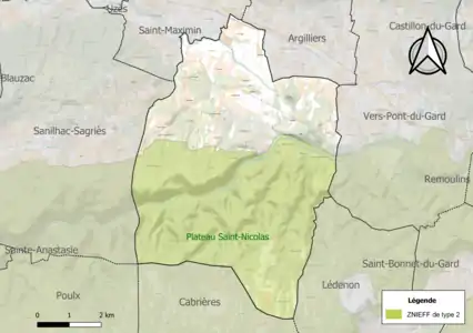 Carte de la ZNIEFF de type 2 sur la commune.