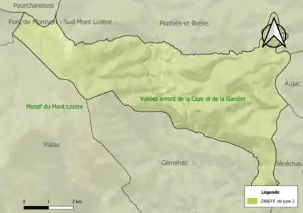 Carte des ZNIEFF de type 2 sur la commune.