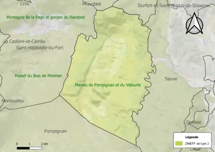 Carte de la ZNIEFF de type 2 sur la commune.