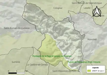 Carte de la ZNIEFF de type 2 sur la commune.