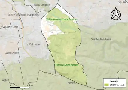 Carte des ZNIEFF de type 2 sur la commune.