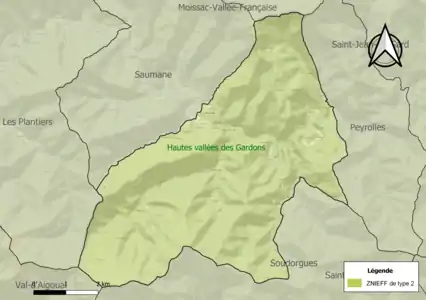 Carte de la ZNIEFF de type 2 sur la commune.