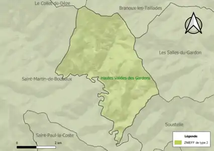 Carte de la ZNIEFF de type 2 sur la commune.