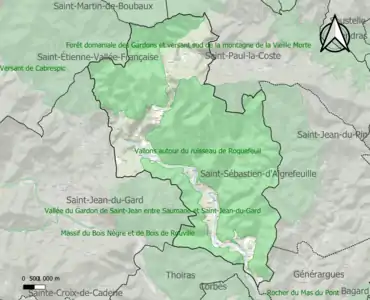 Carte des ZNIEFF de type 1 sur la commune.