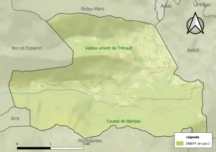 Carte des ZNIEFF de type 2 sur la commune.