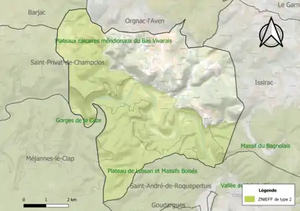 Carte des ZNIEFF de type 2 sur la commune.