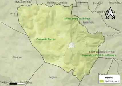 Carte des ZNIEFF de type 2 sur la commune.