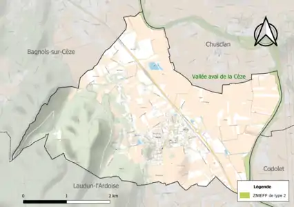 Carte de la ZNIEFF de type 2 sur la commune.