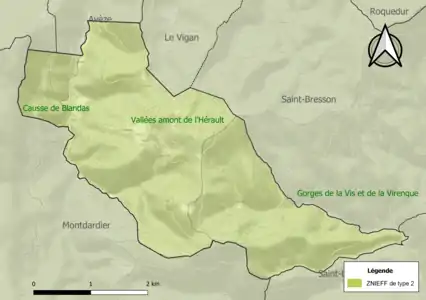 Carte des ZNIEFF de type 2 sur la commune.