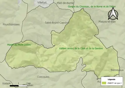 Carte des ZNIEFF de type 2 sur la commune.