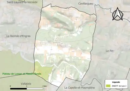 Carte de la ZNIEFF de type 2 sur la commune.