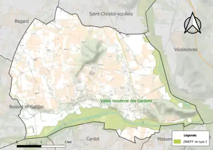 Carte de la ZNIEFF de type 2 sur la commune.