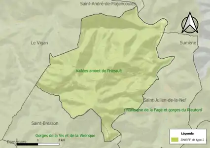 Carte de la ZNIEFF de type 2 sur la commune.