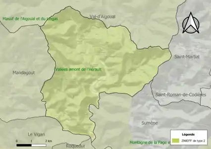 Carte de la ZNIEFF de type 2 sur la commune.