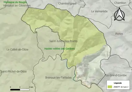 Carte de la ZNIEFF de type 2 sur la commune.