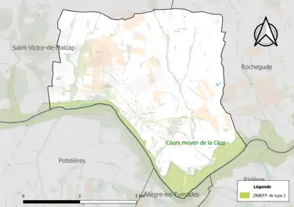 Carte de la ZNIEFF de type 2 sur la commune.