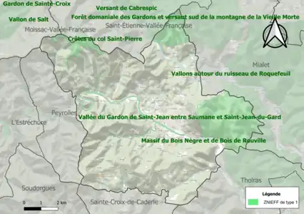 Carte des ZNIEFF de type 1 sur la commune.