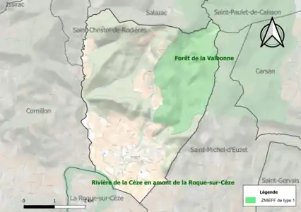 Carte des ZNIEFF de type 1 sur la commune.