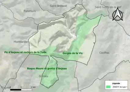 Carte des ZNIEFF de type 1 sur la commune.