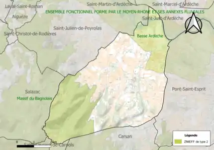 Carte des ZNIEFF de type 2 sur la commune.