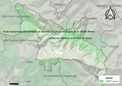 Carte des ZNIEFF de type 1 sur la commune.