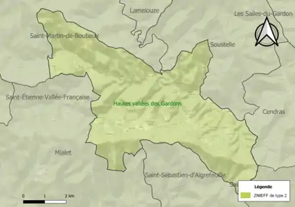 Carte de la ZNIEFF de type 2 sur la commune.