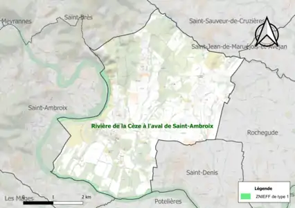 Carte de la ZNIEFF de type 1 sur la commune.