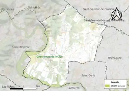 Carte de la ZNIEFF de type 2 sur la commune.