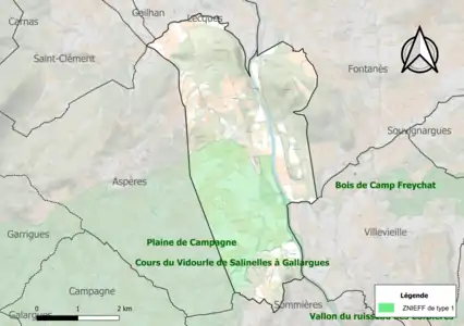 Carte des ZNIEFF de type 1 sur la commune.