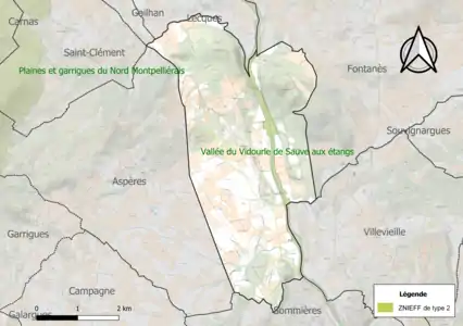 Carte de la ZNIEFF de type 2 sur la commune.