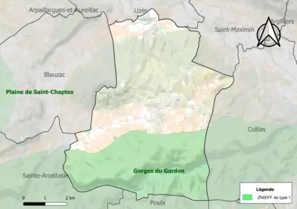 Carte de la ZNIEFF de type 1 sur la commune.