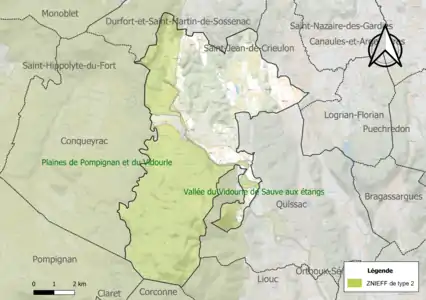 Carte des ZNIEFF de type 2 sur la commune.