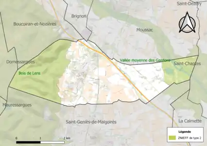 Carte des ZNIEFF de type 2 sur la commune.