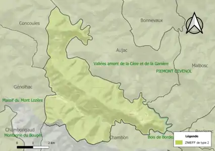 Carte de la ZNIEFF de type 2 sur la commune.