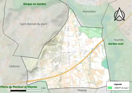 Carte de la ZNIEFF de type 1 sur la commune.