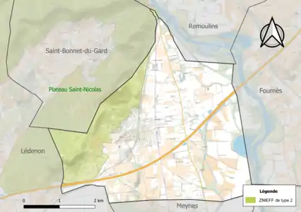 Carte de la ZNIEFF de type 2 sur la commune.