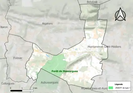 Carte de la ZNIEFF de type 1 sur la commune.