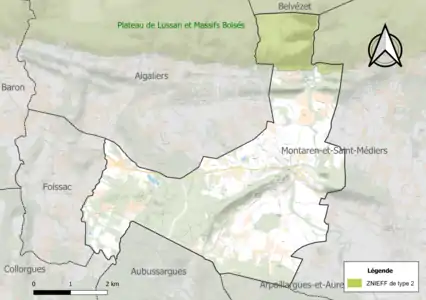 Carte de la ZNIEFF de type 2 sur la commune.