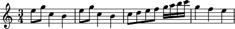 
\header {
  tagline = ##f
}
\score {
  \new Staff \with {
  }
<<
  \relative c'' {
    \key c \major
    \time 3/4
    \override TupletBracket #'bracket-visibility = ##f 
    %\autoBeamOff
     %%%%%%%%%%%%%%%%%%%%%%%%%% K15f
     e8 g c,4 b e8 g c,4 b c8 d e f g16 a b c g4 f e
  }
>>
  \layout {
    \context {
      \remove "Metronome_mark_engraver"
    }
  }
  \midi {}
}
