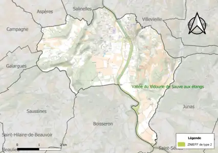 Carte de la ZNIEFF de type 2 sur la commune.