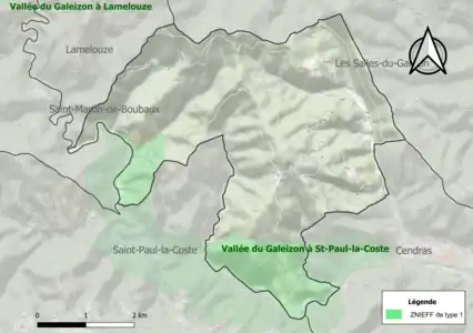 Carte de la ZNIEFF de type 1 sur la commune.