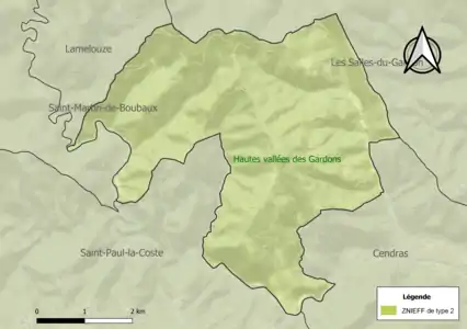 Carte de la ZNIEFF de type 2 sur la commune.