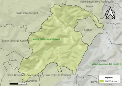 Carte de la ZNIEFF de type 2 sur la commune.