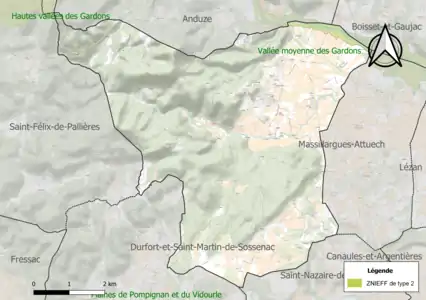 Carte de la ZNIEFF de type 2 sur la commune.