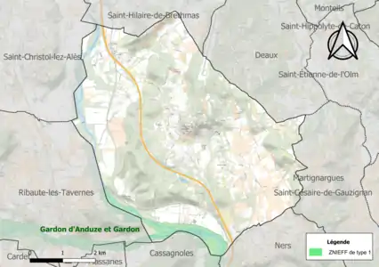 Carte de la ZNIEFF de type 1 sur la commune.