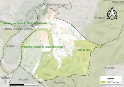 Carte des ZNIEFF de type 2 sur la commune.