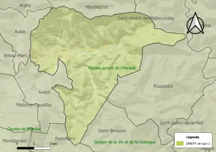 Carte de la ZNIEFF de type 2 sur la commune.